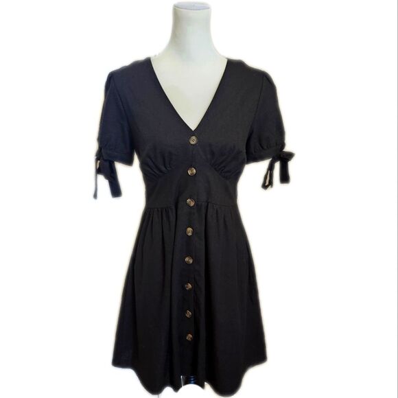 E & M sweet little black mini dress, button up, tie sleeves - M - Picture 1 of 5